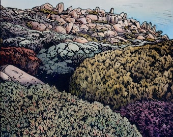 Large Linocut Print, Mountain Landscape, Tasmania, Mount Wellington, Australian Landscape Linocut, Large Hand Coloured Lino Print