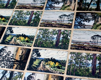 Tasmanian Landscape Postcard Pack, Linocut Card Pack, 6 Different Designs, Australian Landscape Postcards, Art Cards