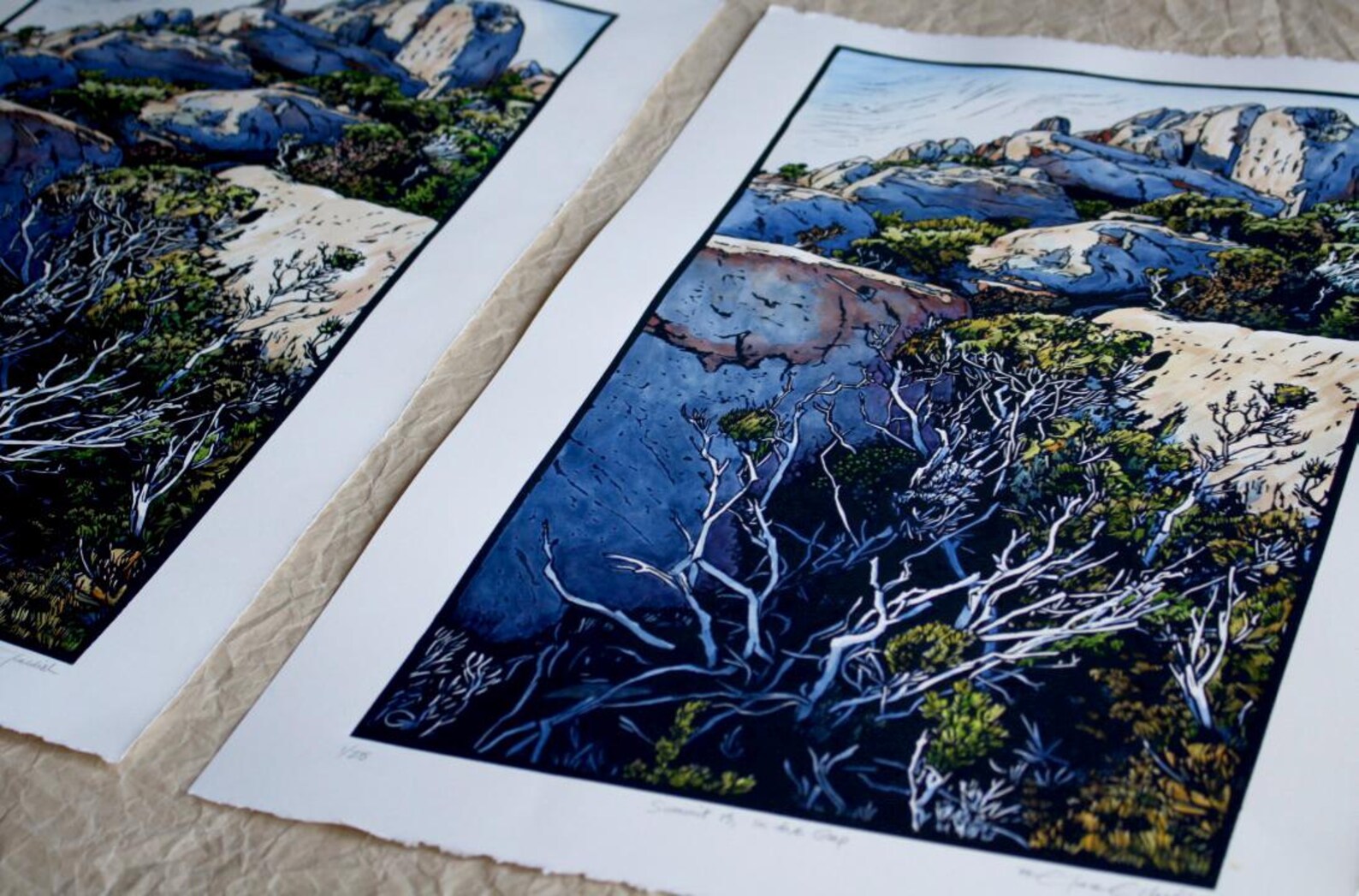 Large Hand Coloured Linocut, Summit 13, Alpine Landscape Lino Print ...