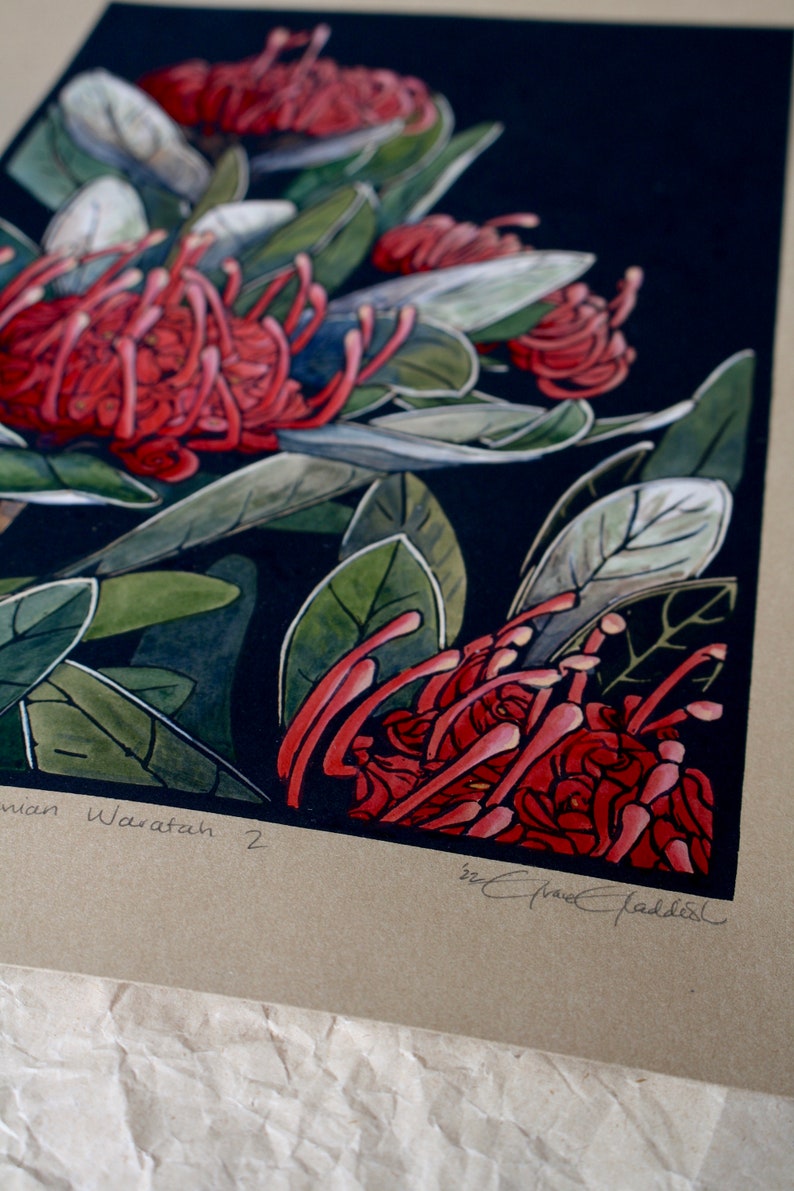 Hand Painted Linocut Tasmanian Waratah Wildflower Lino Etsy