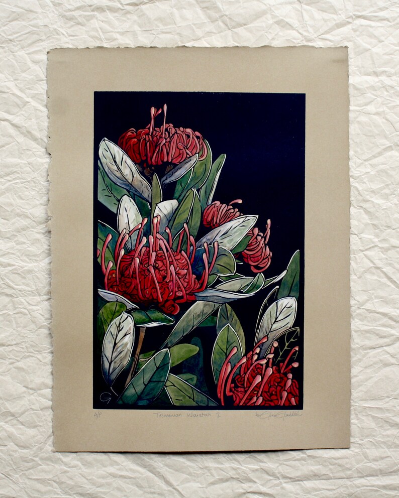 Hand Painted Linocut Tasmanian Waratah Wildflower Lino Etsy