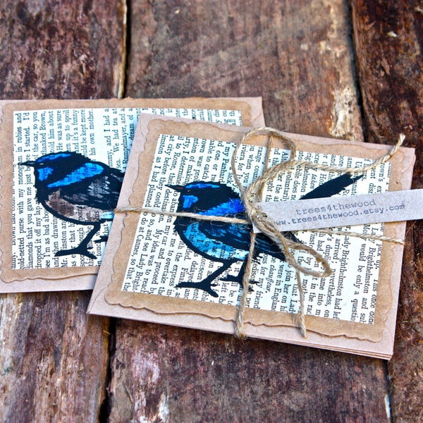 Blue Wren Linocut Handpainted Cards - Pack of 3 - Made in Australia