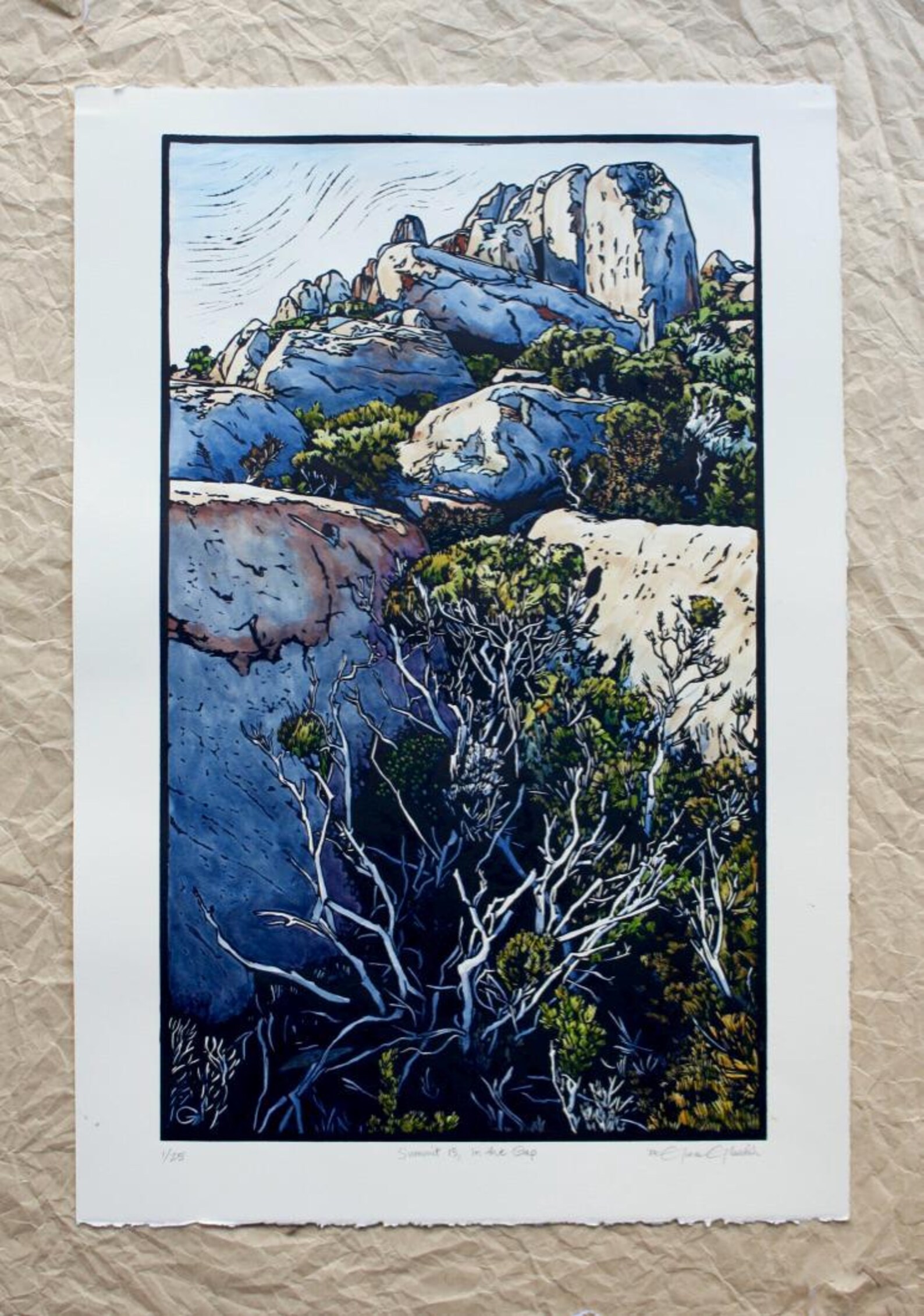 Large Hand Coloured Linocut, Summit 13, Alpine Landscape Lino Print ...