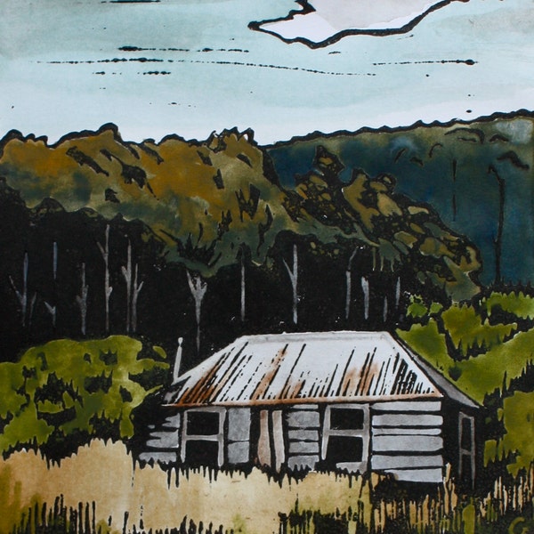 Tasmanian Settlers Cottage Handcoloured Lino Print
