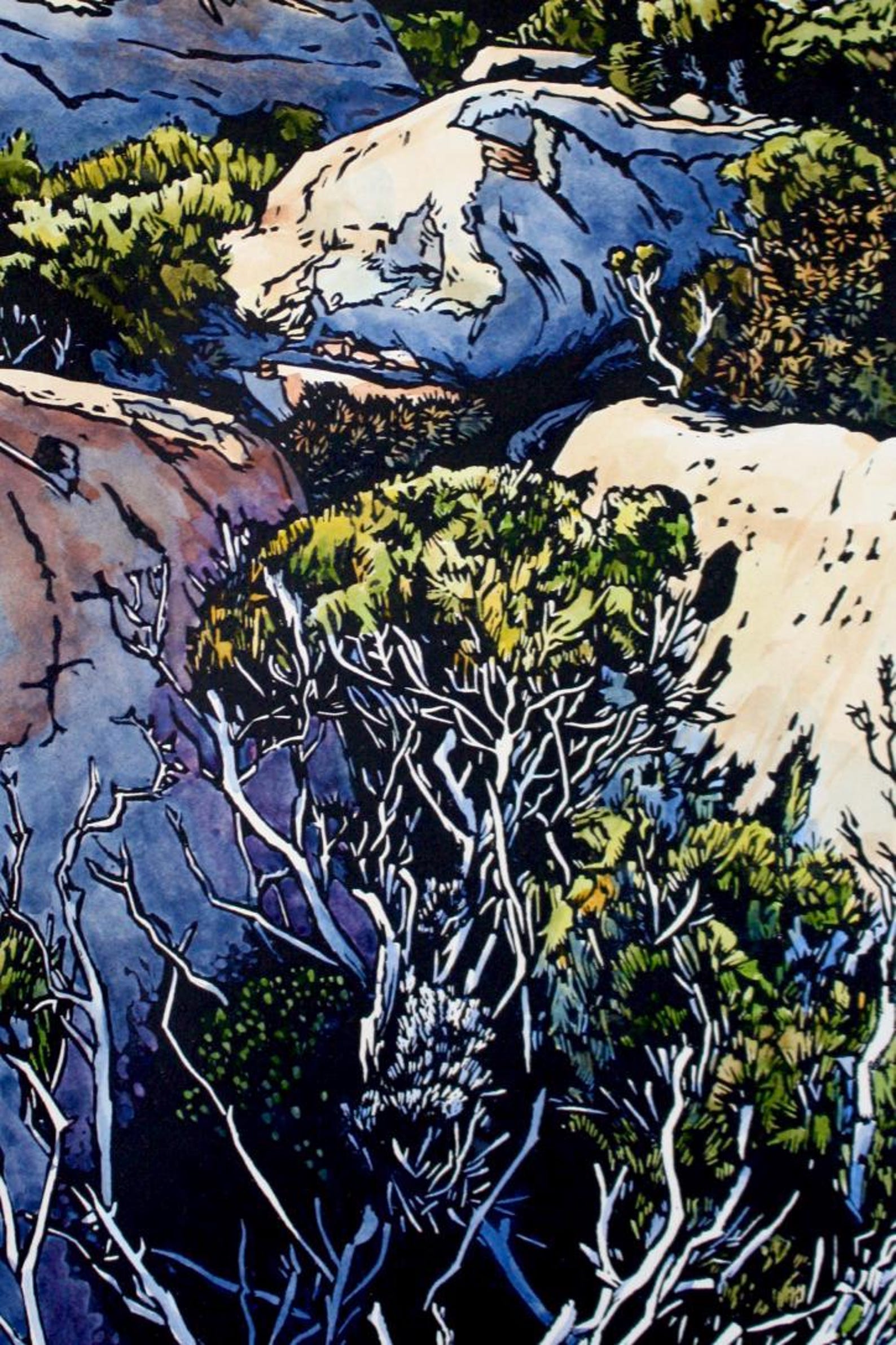 Large Hand Coloured Linocut, Summit 13, Alpine Landscape Lino Print ...