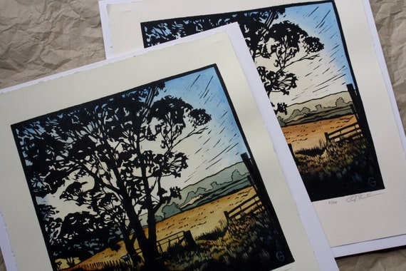Large Linocut Print Landscape Lino Cut 