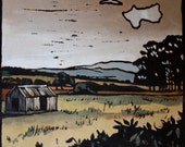 Pola jesienne-ręcznie malowane Lino Cut Print-oryginalna grafika-Lino Print-rustykalny krajobraz kraju