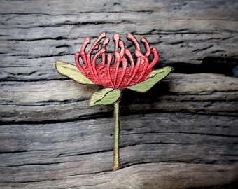 Red Waratah Wildflower Brooch, Wooden Wildflower Brooch, Australian Wild flower, Made in Australia