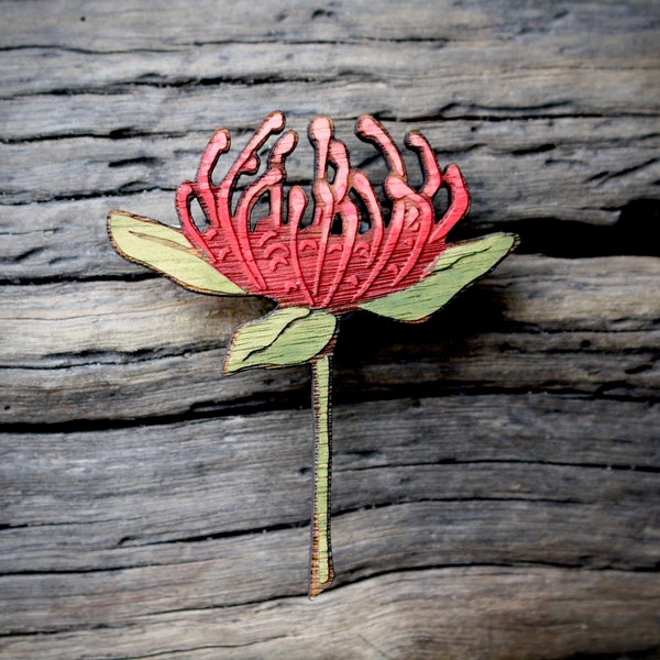 Red Waratah Wildflower Brooch, Wooden Wildflower Brooch, Australian Wild flower, Made in Australia