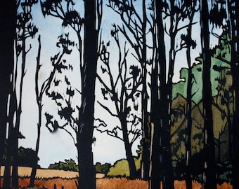 Hand Painted Linocut, Twelve Trees, Linoprint Trees Landscape, Australia