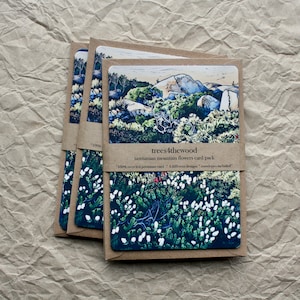 Mountain Flower Card Pack with Envelopes, Linocut Cards 4 Different Designs, Card and Envelope Pack