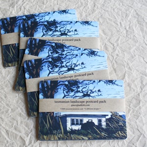 Tasmanian Landscape Postcard Pack, Pack of six different designs, Card Pack, Art Cards, Linocut Card Pack, Australian Landscape Postcards