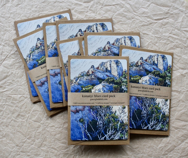 Mountain Blues Card Pack, Linocut Cards, Alpine Landscape Cards, Tasmanian Landscape Cards image 1