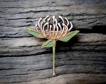 White Waratah Wildflower Brooch, Wooden Wildflower Brooch, Australian Wild flower, Made in Australia