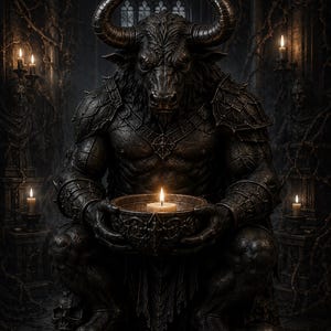 May include: A dark, textured statue of a bull-headed humanoid figure with large horns, wearing intricate armour. The figure is seated and holds a small, circular bowl containing a single lit candle, surrounded by several other lit candles.