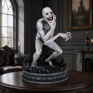 May include: A pale, gaunt humanoid creature figurine with hollow eyes and a wide, toothy grin. The figure is crouched on a circular stone-like base featuring carved runic symbols and swirling black smoke-like details at its feet.