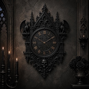 Puede incluir: Un reloj de pared negro con un marco gótico intrincado, dos figuras de dragón a los lados y una calavera en la parte inferior. La esfera muestra números romanos dorados y manecillas finas doradas sobre un fondo oscuro y texturizado.