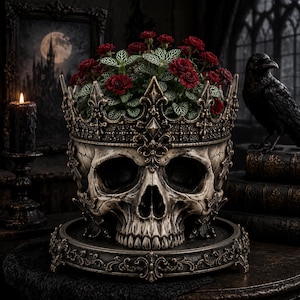 May include: A skull-shaped planter featuring a detailed crown rim with fleur-de-lis accents, resting on a matching ornate circular base. The skull is off-white with dark weathering, and it contains a plant with dark green leaves and red flowers.