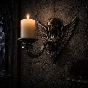 Gothic Angel Wall Sconce STL, Victorian Scrollwork Candle Holder