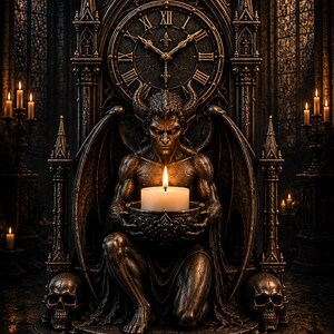 Puede incluir: Una escultura de tono bronce oscuro que muestra una figura alada y con cuernos arrodillada ante un gran reloj. La figura sostiene una vela blanca encendida en un cuenco. La base está adornada con dos calaveras y un escudo sobre un fondo gótico.