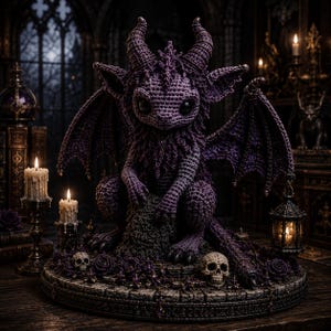 Puede incluir: Una criatura de ganchillo morada con grandes ojos negros, orejas puntiagudas y dos cuernos, con alas texturizadas y un pecho peludo. La figura se asienta sobre una base circular de piedra decorada con dos pequeñas calaveras y rosas moradas oscuras.