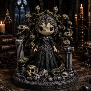 Puede incluir: Una muñeca de ganchillo de una figura con serpientes por cabello, vistiendo un vestido negro con detalles morados. La muñeca se encuentra sobre una base circular con pilares de piedra y calaveras, con una cabeza grande y ojos negros.