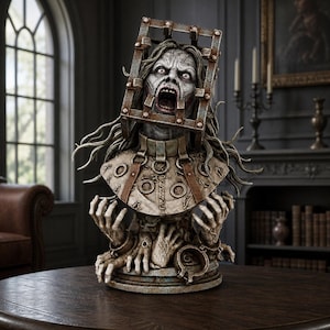 Op de afbeelding: Een gedetailleerd beeldhouwwerk van een bleke, schreeuwende figuur met lang, golvend haar, opgesloten in een verweerde metalen kooi. De figuur draagt een getextureerde kraag versierd met cirkelvormige symbolen en is omringd door vele handen.