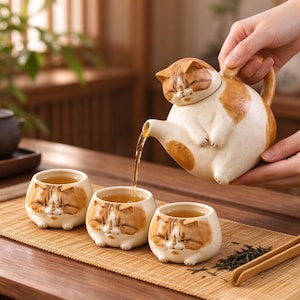Könnte beinhalten: Ein Keramik-Teeservice bestehend aus einer Teekanne und drei Tassen in Form von runden, orange-weiß getigerten Katzen. Die Teekanne hat einen katzenförmigen Deckel und einen Ausguss, während die Tassen klein und schalenförmig gestaltet sind.