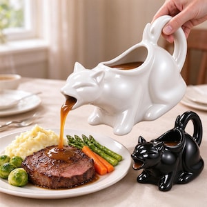 Könnte beinhalten: Eine weiße Keramik-Sauciere in Katzenform mit einem Griff aus dem Schwanz und einem Ausguss am Maul, aus dem braune Soße auf ein Steak gegossen wird. Eine passende schwarze Keramik-Sauciere in Katzenform steht auf dem Tisch daneben.