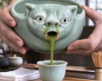 3D Funny Puking Cat Matcha Bowl Set | Green Celadon Chawan, Bamboo Whisk | Unique Japanese Tea Gift Handmade Personalized Greeting Cards