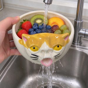 Op de afbeelding: Een keramische kom in de vorm van een kattenkop met gele ogen en een roze mond die als afvoer dient. De kom is gevuld met vers fruit, waaronder aardbeien, bosbessen, kiwischijfjes en druiven, terwijl er water uit een kraan in de kom stroomt.