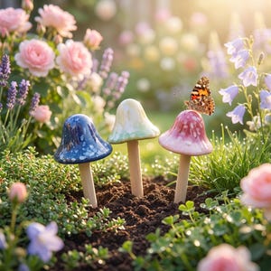Puede incluir: Tres estacas de jardín decorativas con forma de seta, con sombreros lisos y brillantes en azul, verde pálido y rosa, cada una con un tallo de madera clara. Una mariposa marrón y naranja está posada sobre el sombrero de la seta rosa.