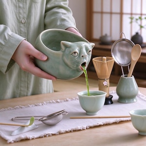 Könnte beinhalten: Eine hellgrüne Keramikschale in Form eines Katzenkopfes mit offenem Mund, aus dem grüner Matcha-Tee in eine kleine passende Tasse fließt. Das Set enthält einen Bambusbesen mit Blumenanhänger, ein Metallsieb, einen Holzlöffel und einen Ständer.