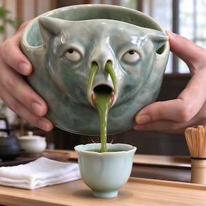 May include: A light green ceramic bowl shaped like a creature's head with pointed ears and wide eyes. The bowl features a functional spout at the nose, pouring a thick green liquid into a small, matching light green scalloped tea cup below.