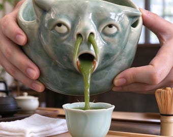 3D Funny Puking Cat Matcha Bowl Set | Personalization Green Celadon Chawan, Bamboo Whisk | Unique Japanese Tea Gift Handmade