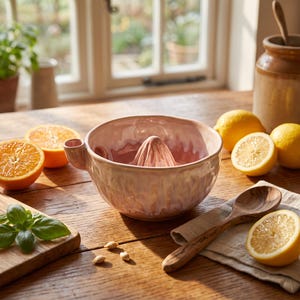 Könnte beinhalten: Eine Zitruspresse aus Keramik mit einer glänzenden, blassrosa Glasur und einem zentralen Presskegel. Die Schale verfügt über einen kleinen Ausgießer an der Seite. Die Außenseite hat eine texturierte Tropfenoptik, innen ist sie glatt.