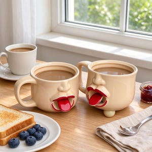 Abstrakt keramikmugg med tunga, rolig hemlig meddelandemugg, handgjord keramikkaffekopp, unik present till kaffeälskare, rustik stengodsmugg