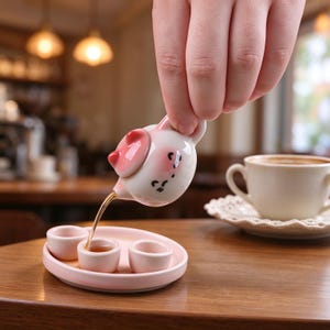 May include: A miniature white ceramic teapot shaped like a cat with pink ears and a face, pouring tea into one of three small pink cups arranged on a matching round pink tray. The teapot features a simple black line drawing for eyes and a mouth.