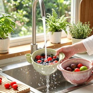 Könnte beinhalten: Ein hellgrünes Keramik-Sieb mit Griff und Ausguss wird unter einem Edelstahl-Küchenwasserhahn gehalten, um Blaubeeren und Kirschtomaten zu waschen. Eine zweite rosa Keramikschale mit Pflaumen und einer Limette steht daneben.