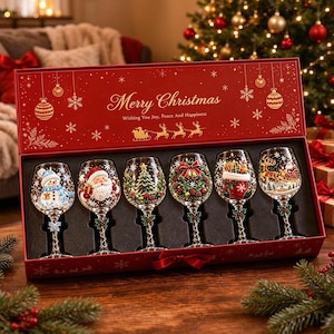 May include: A set of six wine glasses in a red gift box with the text Merry Christmas Wishing You Joy, Peace And Happiness. Each glass features a unique holiday design including a snowman, Santa Claus, a tree, a wreath, a stocking, and a sleigh.