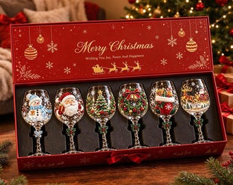 クリスマスワイングラスセット、サンタクロースと雪だるまのクリスマスツリー柄ワイングラス、ホリデードリンクウェア、手作りクリスマスギフト、ギフトボックスセット