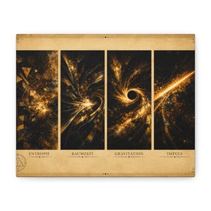Op de afbeelding: Een rechthoekige wandkunstprint met vier verticale panelen met gouden kosmische nevelpatronen op een donkere achtergrond. De panelen zijn gelabeld met de tekst ENTROPIE, RAUMZEIT, GRAVITATION en IMPULS in een vintage, perkamentachtige rand.
