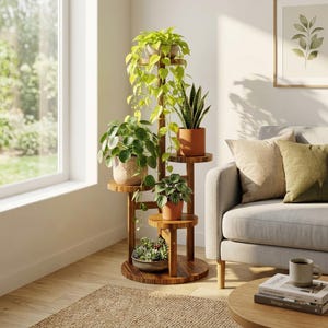 Tall Wooden Plant Stand, 4-Tier Round Corner Shelf, Indoor Outdoor Flower Holder