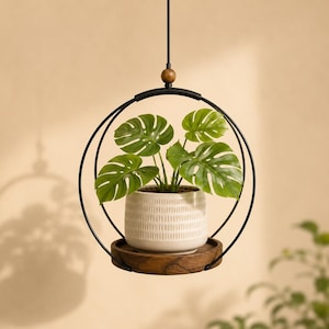 May include: A hanging planter featuring a black metal circular frame with a wooden base and a small wooden bead at the top. A white ceramic pot with vertical textured lines sits on the base, containing a green monstera plant with split leaves.