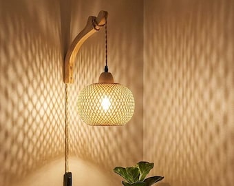 Hand-Woven Bamboo Wall Sconce, Plug-In Rattan Lamp, Rustic Farmhouse Lighting