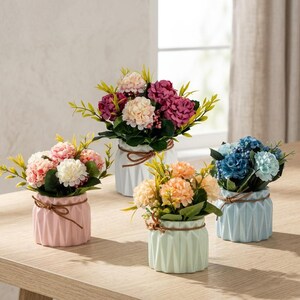 Mini Artificial Hydrangea Flower Pots Set of 4, Realistic Fake Flowers with Ceramic Pots for Home, Office & Wedding Decor
