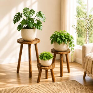 Set of 3 Natural Wood Plant Stands, Round Pot Holders, Farmhouse Decor