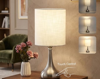 Modern Touch Table Lamp, 3-Way Dimmable, Silver Base, White Shade, LED Bulb