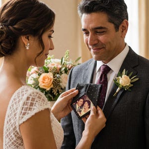 May include: A dark charcoal grey suit jacket worn with a white collared shirt and a dark burgundy patterned necktie. A black fabric patch featuring a small, rectangular color photograph of a man and a woman is attached to the necktie.