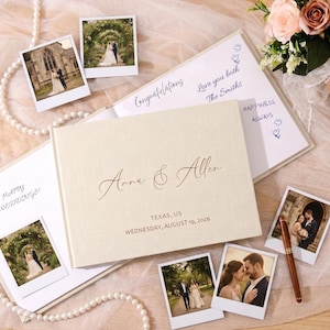 Libro degli ospiti per matrimoni personalizzato in lino, album con copertina rigida personalizzata in lino, libro degli ospiti con foto Polaroid, ricordo di nozze e anniversario.